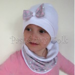 czapka dla dzieci 40-komin opaska komplet biała z kokardką szarą w serduszka różowe, dziewczynka _02