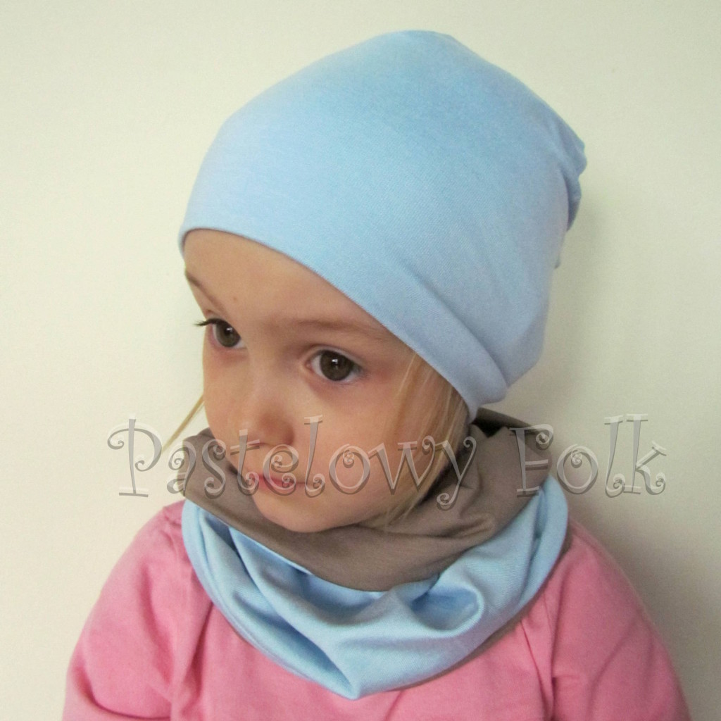 czapka dla dzieci 45-komin komplet dwustronna beżowa brązowa niebieska błękitna beanie dzianinowa chłopiec dziewczynka _02