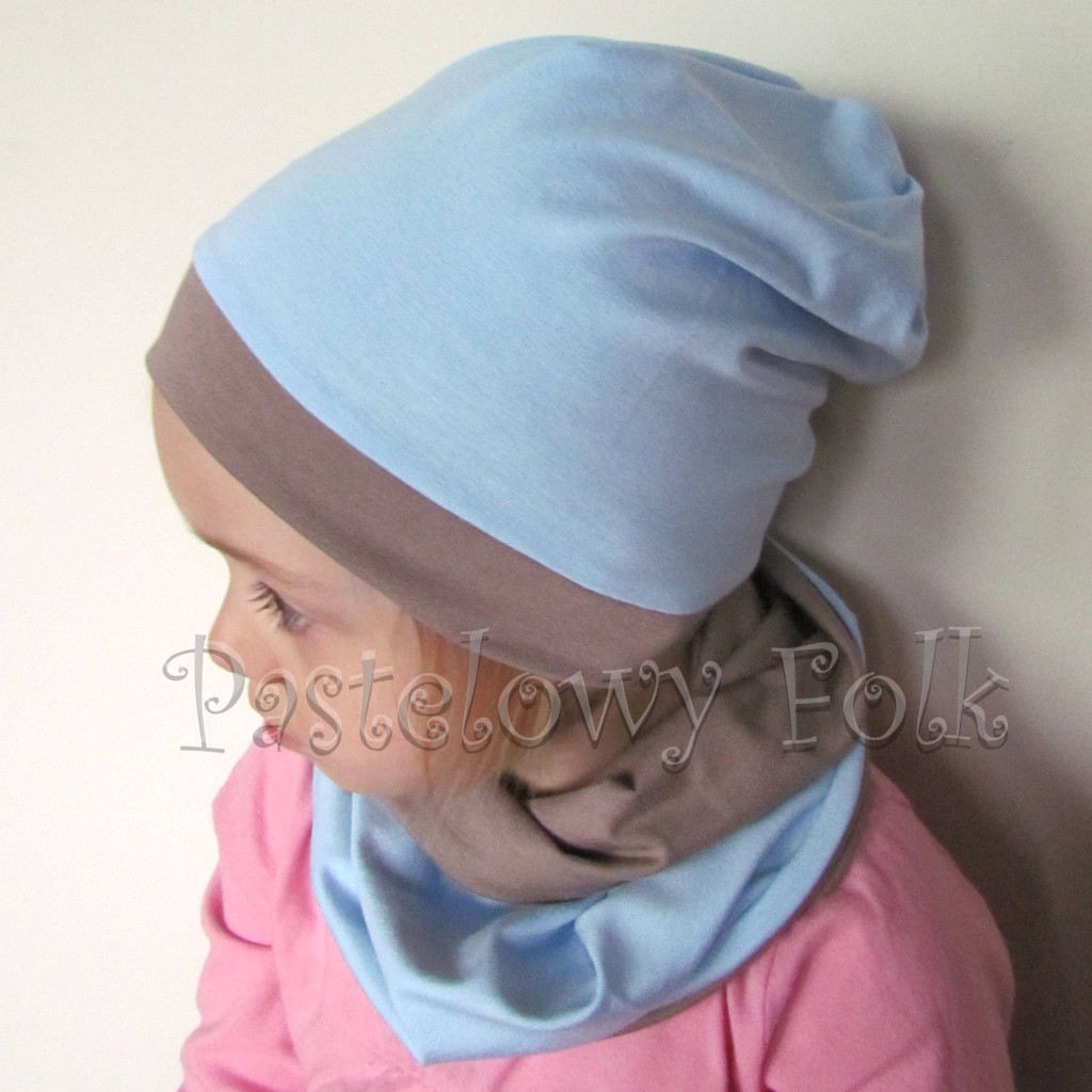 czapka dla dzieci 45-komin komplet dwustronna beżowa brązowa niebieska błękitna beanie dzianinowa chłopiec dziewczynka _05