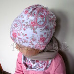 czapka dla dzieci 46-komin opaska komplet beżowa biała w róże jasnoróżowe folkowy wzór dziewczynka _01