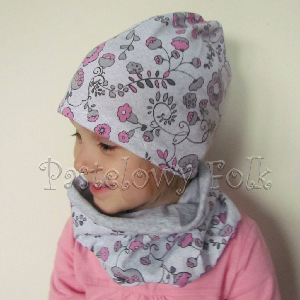 czapka dla dzieci 50-komin komplet szary w różowe kwiatki, wzór chłopiec, dziewczynka dzianina_01