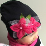 dziecko-czapka 37- czarna różowe kwiaty tiul fuksja, dzianina, dziewczynka komin komplet _04
