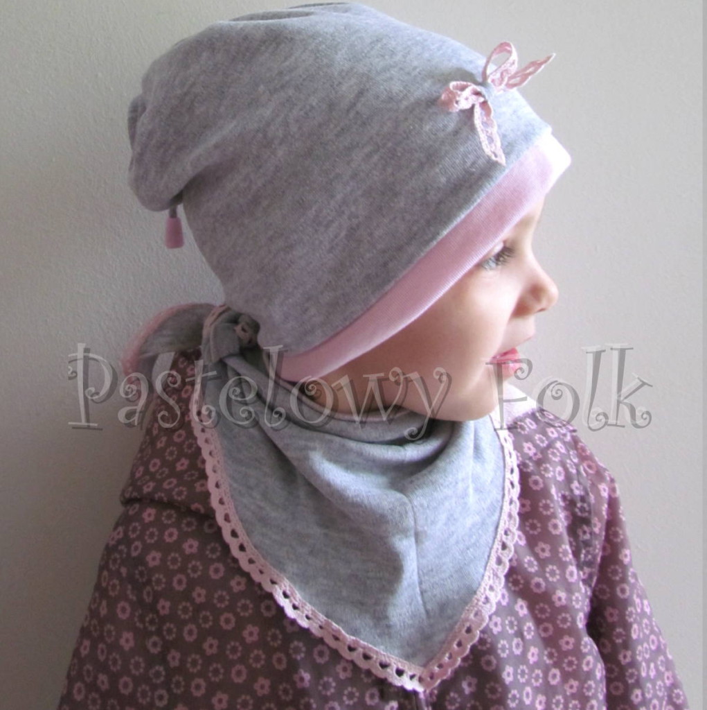 dziecko-czapka 64-komin chustka komplet dzianinowy dla dziewczynki, szary różowy koronka kokardka-10
