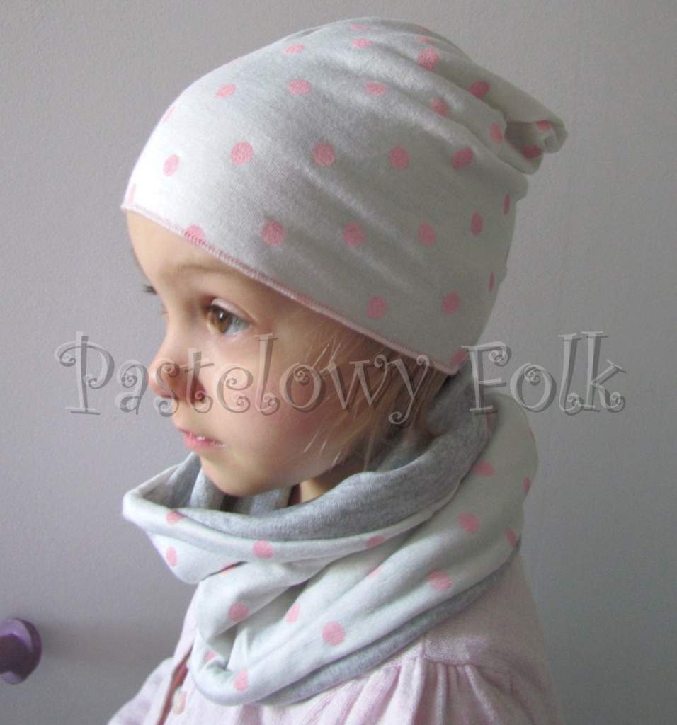 dziecko-czapka 76- komin opaska komplet, biała ecru w różowe kropki grochy szara-01