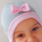 dziecko-czapka dla dziewczynki 06-retro pastelowa szara różowa dzianinowa wiosenna jesienna zimowa czapeczka komin opaska kokardka-03 miniatura