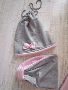 dziecko-czapka dla dziewczynki 06-retro pastelowa szara różowa dzianinowa wiosenna jesienna zimowa czapeczka komin opaska kokardka-14