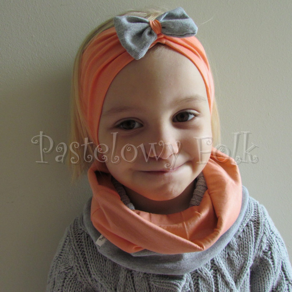 dziecko-opaska 20- dla dziewczynki łosowiowa pomarańczowa z szara retro kokardka -06