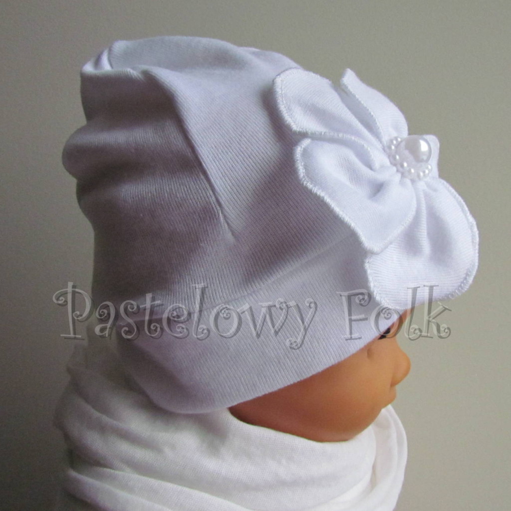 dziecko-czapka 78- biała ecru do chrzru, roczek, chrzest kwiat retro i perełki-03